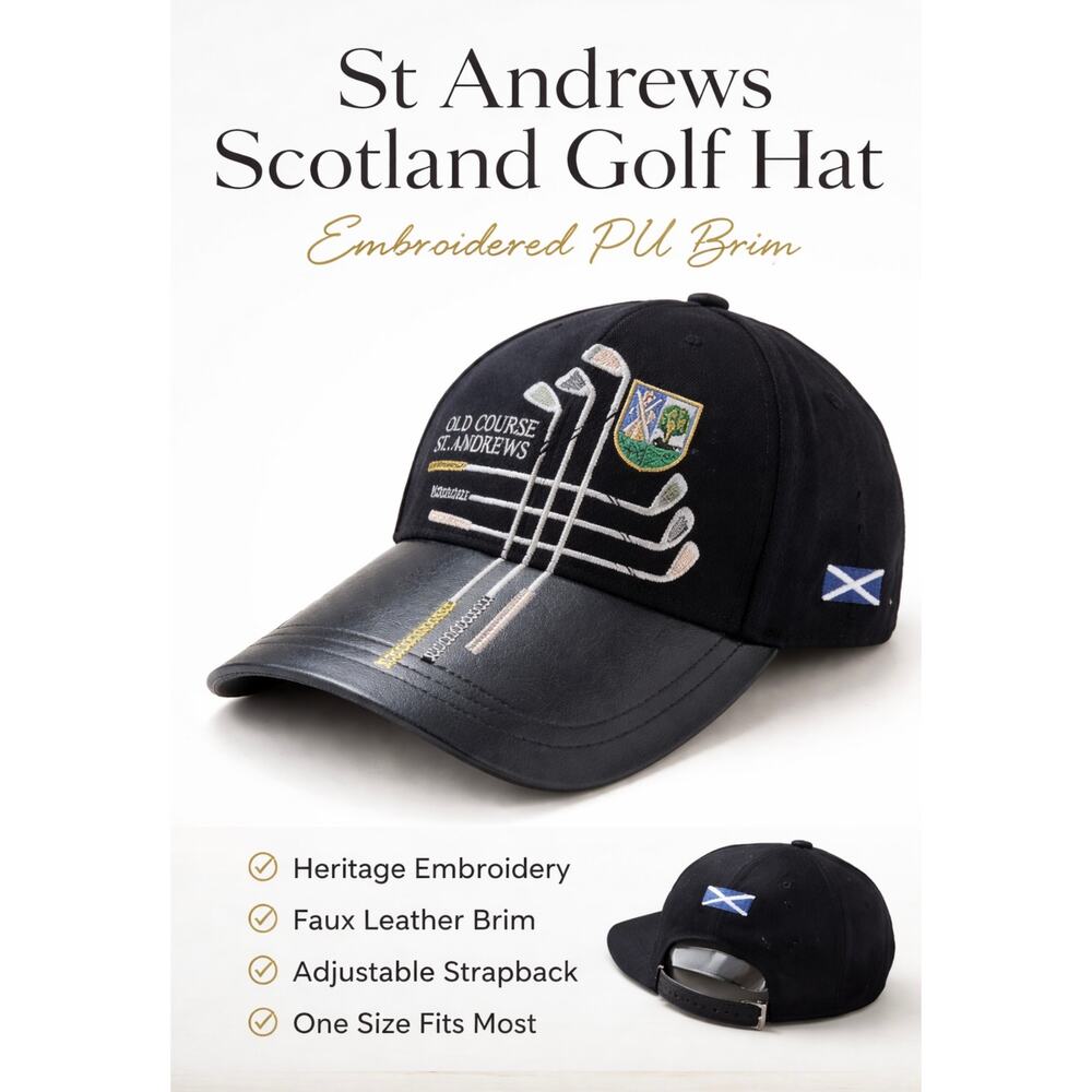 St Andrews Scotland Golf Hat Embroidered PU Brim Strapback OS